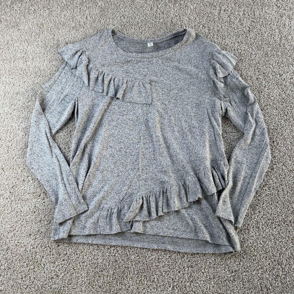 BP. Shirt Womens Medium Gray Jersey Ruffle Asymmetrical Hem Long Sleeve Top
